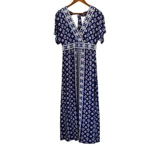 Garnet Hill Navy Blue Floral Print Maxi Dress Size 6